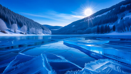 Majestic Frozen Lake in Winter Wonderland Beneath a Clear Blue Sky

