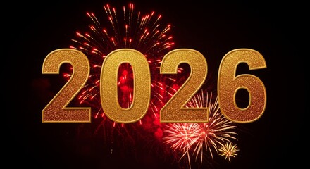 colorful 2026 numbers in center with fireworks exploding in background celebration scene. 2026 new year fireworks. New year 2026