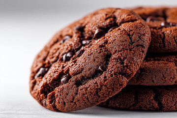 Freshly baked chocolate cookies stacked on a white surface ready for enjoyment