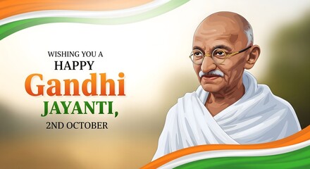 Happy Gandhi Jayanti 2nd October greeting with Mahatma Gandhi illustration and tricolor theme, symbolizing peace, nonviolence, independence, patriotism, and Indian national celebration