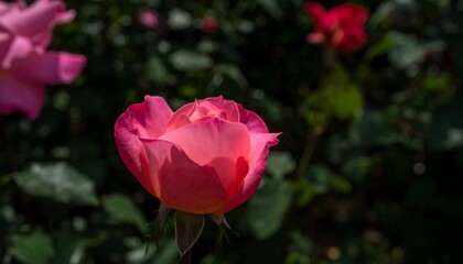 A vibrant pink rose blossoms in a garden setting, with a soft focus on surrounding foliage.