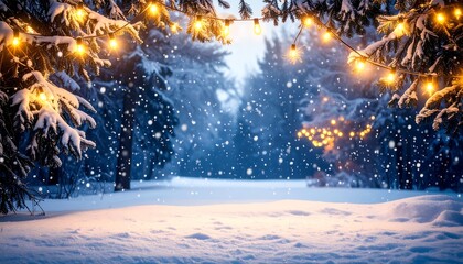 Snowy winter forest at night, decorated with warm lights