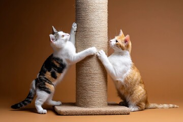 Two Playful Kittens Scratching Cat Tower
