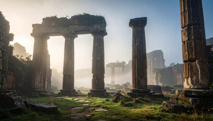 Fototapeta premium Misty Morning at Ancient Ruins Surrounded by Nature's Beauty