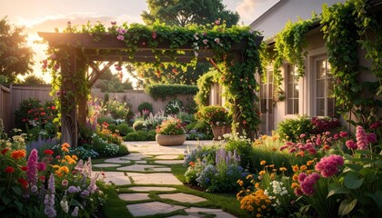 Lush Garden Pathway Surrounded by Colorful Flowers and Greenery