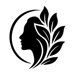 Tribal Woman Face with Leaves – Black and White Female Profile Vector Illustration – Nature Beauty, Eco, and Feminine Logo Design