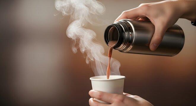 Pouring hot beverage from a thermos into a paper cup with steam rising. - Powered by Adobe