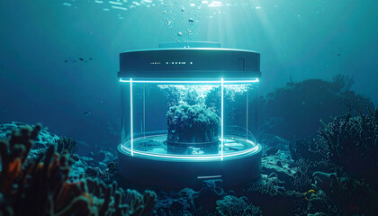 Underwater Coral Reef: An artificial structure provides habitat for coral, bathed in the sunlit water and showcasing the underwater ecosystem
