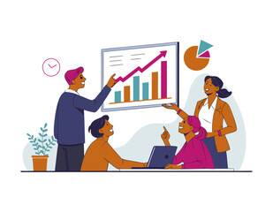 Asian businesswoman leads a meeting in a modern office, presenting data analysis and charts on a large screen, engaging with her team to discuss company performance and strategic planning
