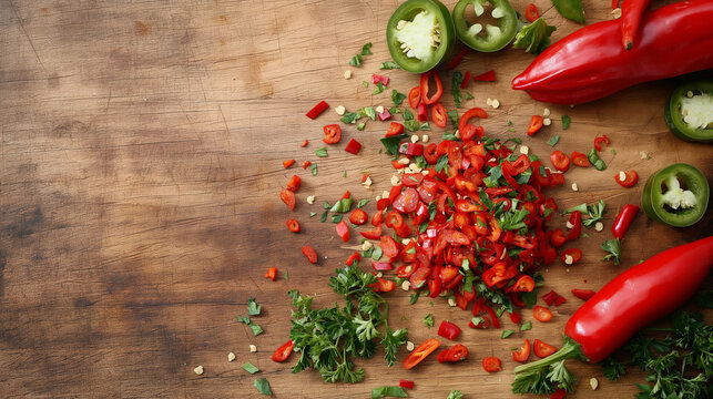  P&aacute;prica e pimenta picadas sobre uma mesa de madeira