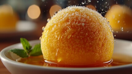 Gulab jamun dessert with syrup and mint garnish
