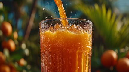Orange juice being poured into a glass with fruit background
