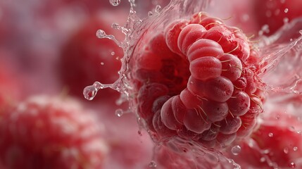 Fresh raspberry with water splash, close-up fruit photography