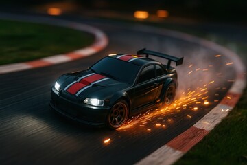 High-Speed Action: A Sleek Sports Car Drifting with Sparks on a Race Track Corner
