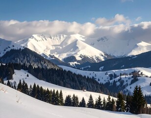 Fototapeta premium Snowy mountain range with pine forest