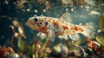 Small freshwater fish swimming underwater with bubbles and plants