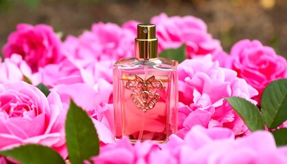 A delicate perfume bottle sits amidst a profusion of vibrant pink roses, showcasing a charming floral arrangement.