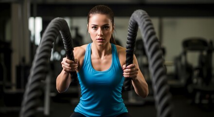 Focused woman training with battle ropes in gym wearing blue sports tank top, symbolizing strength, endurance, fitness motivation, workout intensity, and healthy lifestyle