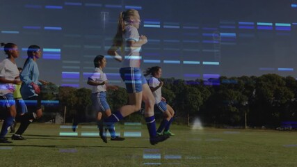 On coach signaling, soccer team shifting to full sprint in training flickering data overlays - Powered by Adobe