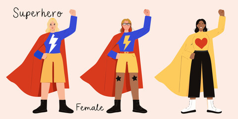 Three diverse female superheroes standing with fists raised in a powerful stance wearing capes and costumes
