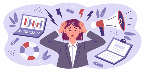 Overwhelmed businesswoman experiencing stress and anxiety from work pressure and deadlines