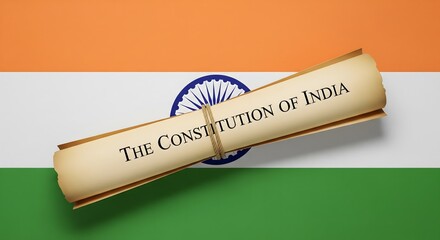 The Constitution of India scroll on tricolor flag background with Ashoka Chakra symbolizing law, democracy, justice, independence, Indian republic, governance, and national identity