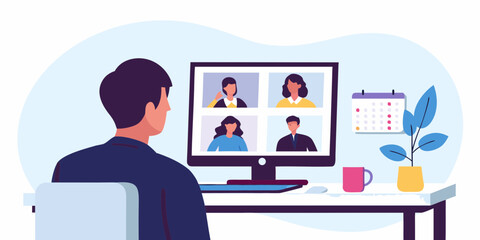 Man participating in a video conference call with colleagues on his computer screen