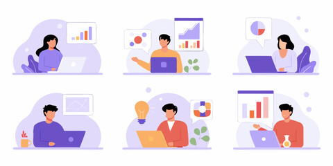Diverse professionals collaborating and analyzing data with laptops and charts in a modern flat illustration style
