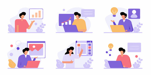 Diverse group of professionals engaged in various business activities and data analysis presentations