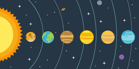 Stylized illustration of the sun and planets orbiting in our solar system against a dark starry background