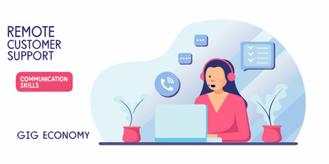 Woman working remotely in customer support with headset and laptop communicating online