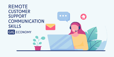 Remote customer support professional with headset and laptop communicating in the gig economy