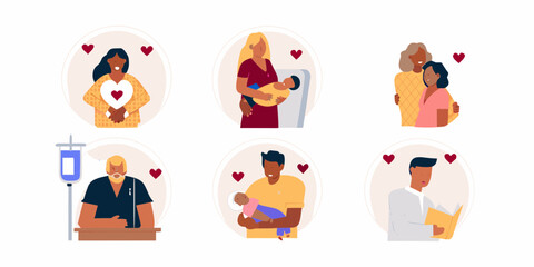 Fototapeta premium Diverse families and medical professionals showing love and care in various heartwarming scenes