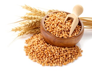 Wheat grains in a bowl with stalks