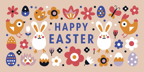 Naklejka premium Happy easter greeting with cute chicks bunnies and colorful spring flowers and eggs