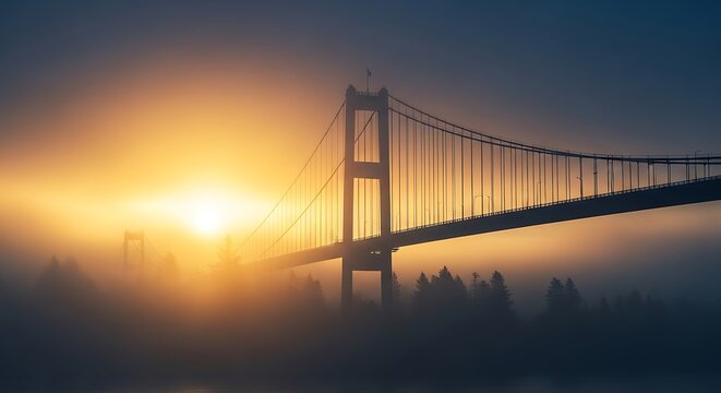 Suspension bridge in fog at sunrise with golden light and sun shining through - Powered by Adobe