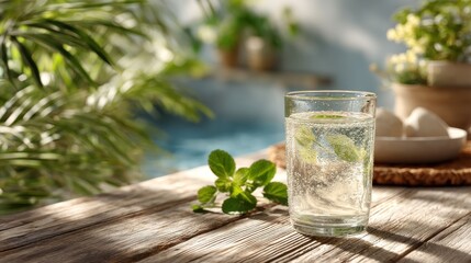 Refreshing mint infused drink by the pool for a summer chill mood