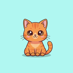Cute orange tabby kitten sitting on a light blue background.