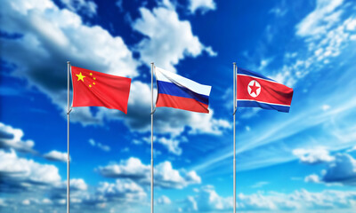 China russia north korea country national flag wavinh blue sky cloudy white background wallpaper politic government ukraine relationship diplomacy international map global china russia north korea 