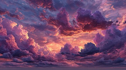 Fototapeta premium Beautiful purple sky with clouds and a sun in the background