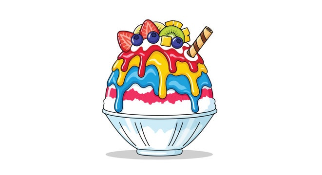 Colorful Cartoon Shaved Ice Dessert with Fruits and Wafer Decoration Illustration