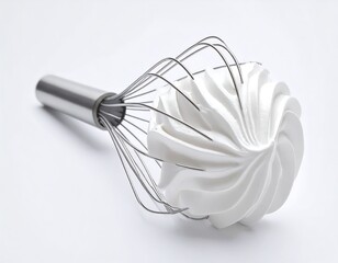 Whipped cream in a wire whisk against a plain background