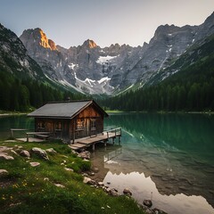 Fototapeta premium Picturesque wooden cabin by a serene mountain lake, reflecting majestic peaks and a lush forest, epitomizing natural tranquility and a peaceful escape