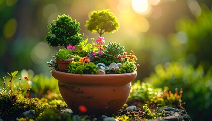 Lush Miniature Garden in Clay Pot with Vibrant Green Plants and Flowers