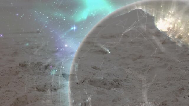 Sphere emerging over sand, rotating continents pulsing light, linking lines mapping global network