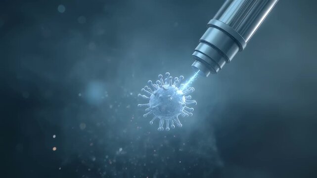 Detailed medium shot highlighting bacteriophage nebulizer mouthpiece releasing aerosol background softly faded emphasizing targeted respiratory drug delivery technique.