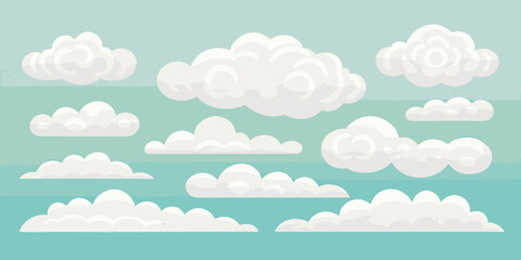 Collection of fluffy white cartoon clouds scattered across a light blue sky