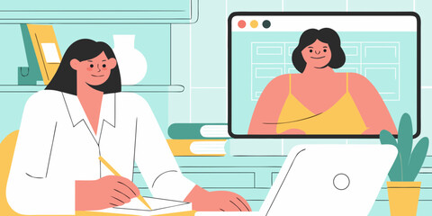 Woman working at desk with laptop and video call on screen