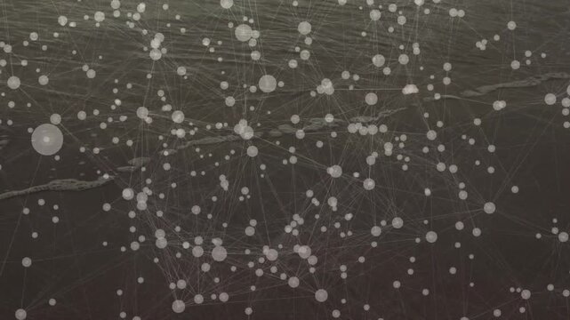 Translucent nodes shifting and background fading revealing shoreline blending data into beach scene