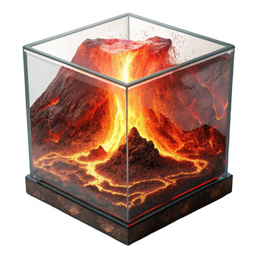 Volcano eruption terrarium glass cube lava molten rock geological model on transparent background